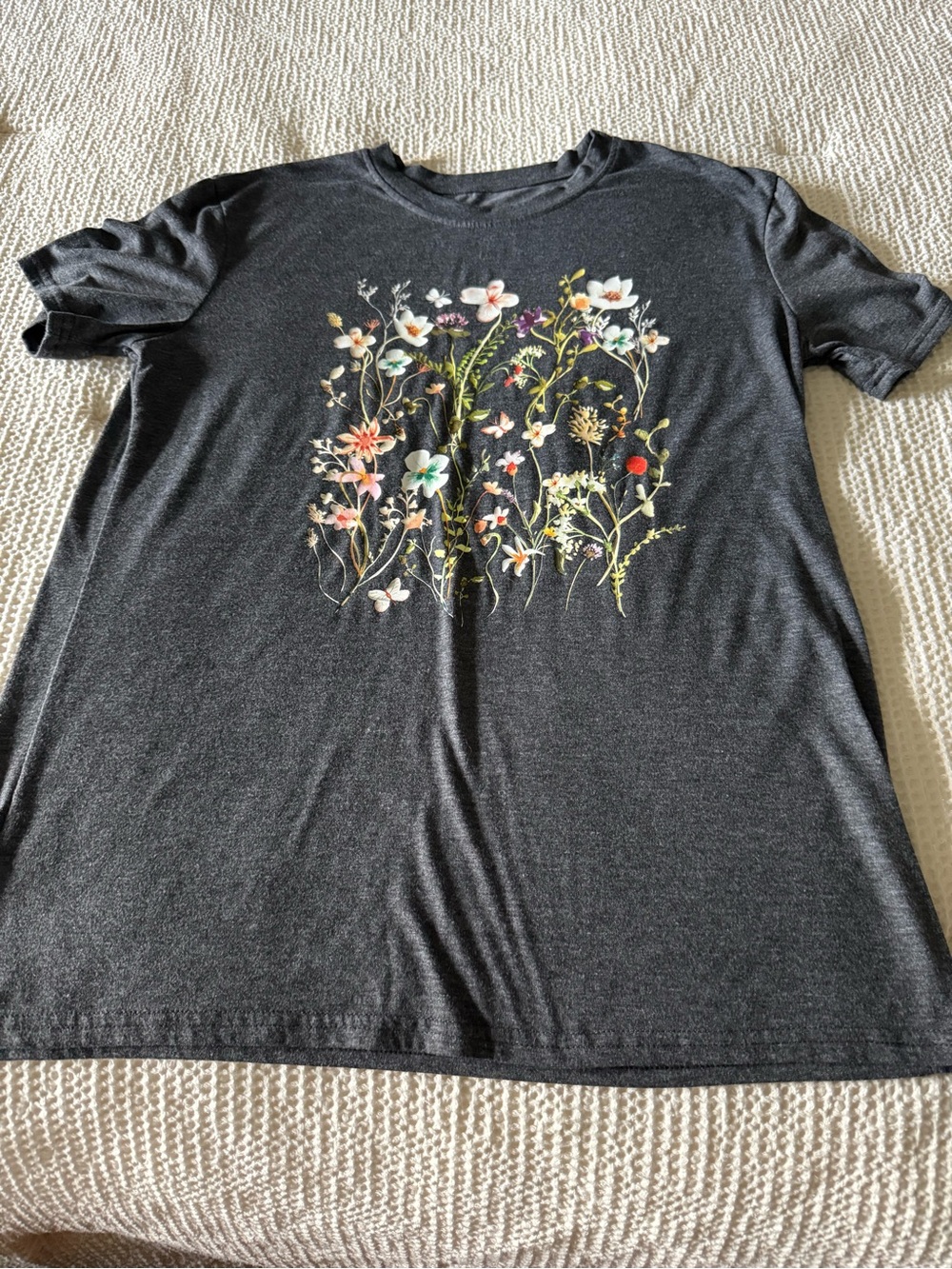 Dark Gray Floral Crew Neck Tee with Multicolor Bloom Print